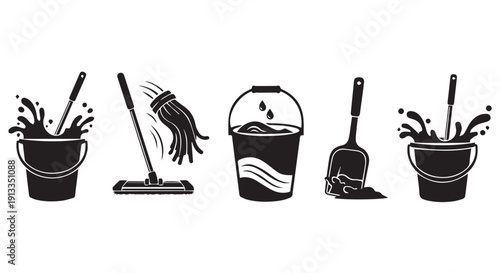 Set of black and white cleaning icons featuring mops, buckets, and shovels for housekeeping and janitorial services.