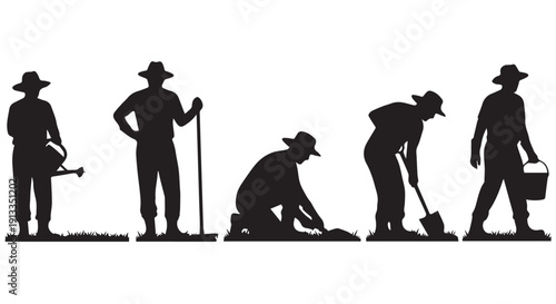 Five silhouetted farmers in various gardening and agricultural activities on a Transparent Background, showcasing manual labor and outdoor work.