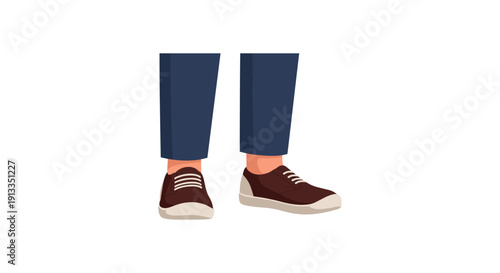 Person wearing blue jeans and brown sneakers standing on white background