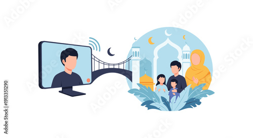 Man video calling family near mosque at night on computer