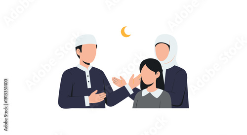 Muslim Family Bonding During Ramadan Night with Crescent Moon