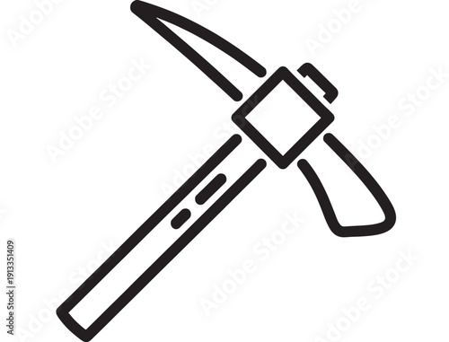 Pickaxe icon in bold black outline style, simple mining and excavation tool symbol isolated on white background for construction, geology, game UI, and web apps