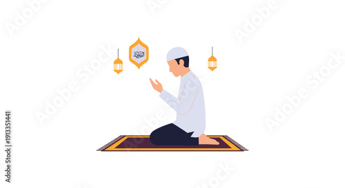 Man Praying on Prayer Mat with Lanterns and Islamic Symbol