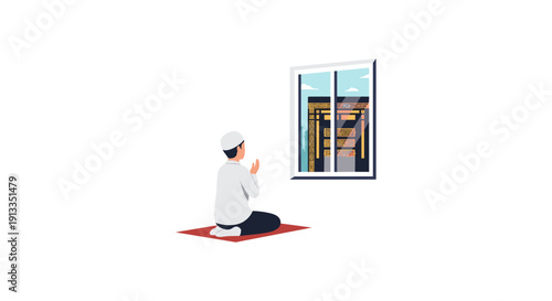 Man Praying on Red Mat by Window with Cityscape View, Serene Illustration