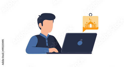 Man working on Apple laptop with mosque notification on white background