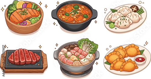 Gourmet international cuisine vector set. Delicious illustrations of grilled salmon, vegetable stew, steamed dumplings, wagyu steak, and Japanese hot pot. Premium food design elements.
