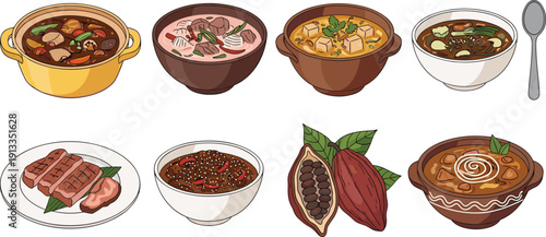 Asian soup and meat stew vector set. Delicious bowls of tom yum, miso soup, and braised beef with cocoa pods and grilled pork. Authentic oriental cuisine illustrations.