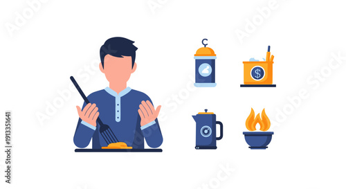 Man Cooking Breakfast with Kitchen Appliances and Ingredients