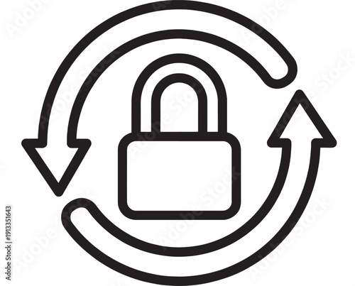 Padlock sync icon showing secure refresh and data protection, circular arrows around lock symbol for cybersecurity, encryption, safe update, backup and access control