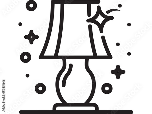Table lamp icon with sparkling clean shine, minimal black outline illustration of household lighting and cleaning service concept isolated on white background