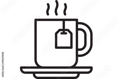 Tea cup icon with teabag and steam on saucer, minimalist black outline vector illustration isolated on white background for cafe menu, app UI and labels