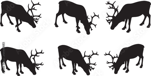 Black Solid Reindeer from Elevated Viewpoint Silhouettes Set of Six on White Background