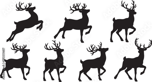 Black Solid Reindeer Festive and Joyful Silhouettes Set of Six on White Background