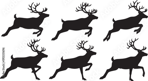 Black Solid Reindeer Full Gallop Silhouettes Set of Six on White Background