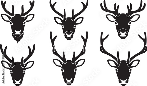 Black Solid Reindeer Front Facing Silhouettes Set of Six on White Background