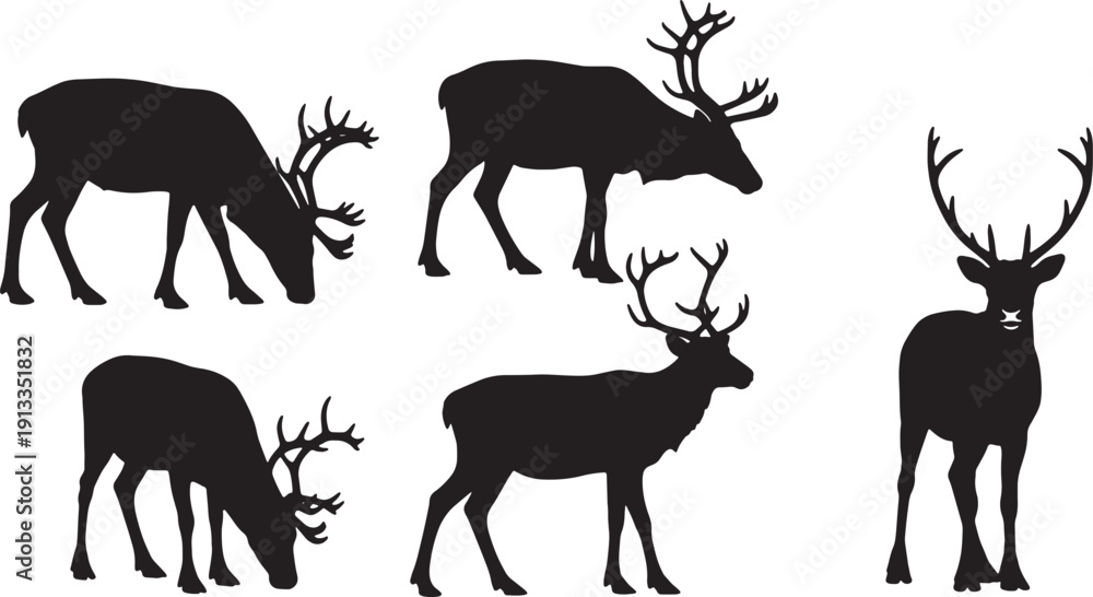 Fototapeta premium Black Solid Reindeer Raising Head from Grazing Silhouettes Set of Six on White Background