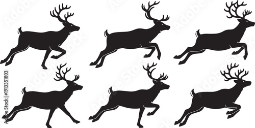 Black Solid Reindeer Playful Chase Silhouettes Set of Six on White Background