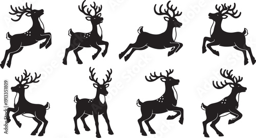 Black Solid Reindeer Playful and Energetic Silhouettes Set of Six on White Background