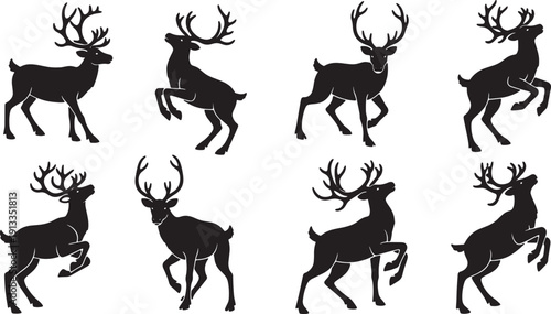Black Solid Reindeer Playful Rear-up Silhouettes Set of Six on White Background