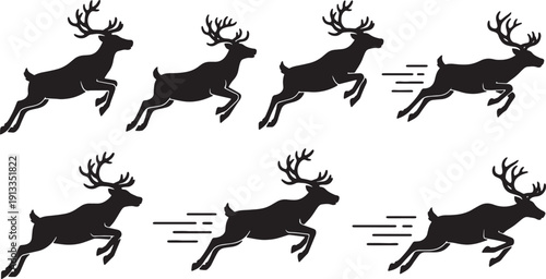 Black Solid Reindeer Quick Stop Silhouettes Set of Six on White Background