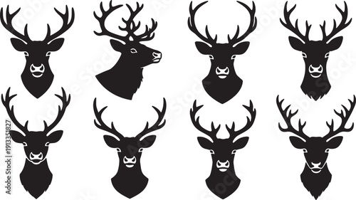 Black Solid Reindeer Regal Portrait Silhouettes Set of Six on White Background