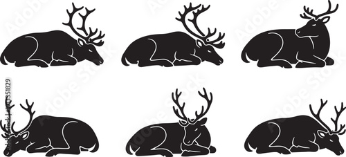 Black Solid Reindeer Resting and Sleeping Silhouettes Set of Six on White Background