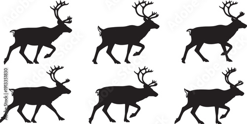 Black Solid Reindeer Rhythmic Trot Silhouettes Set of Six on White Background