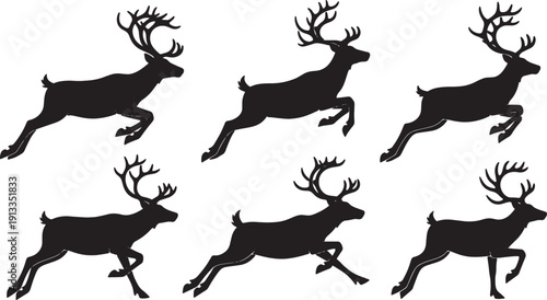 Black Solid Reindeer Running and Leaping Silhouettes Set of Six on White Background