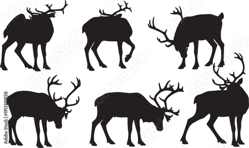 Black Solid Reindeer Scratching Itch Silhouettes Set of Six on White Background