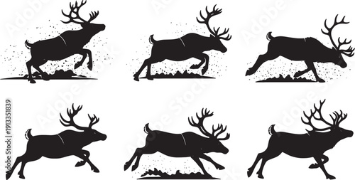 Black Solid Reindeer Shaking Off Snow and Water Silhouettes Set of Six on White Background