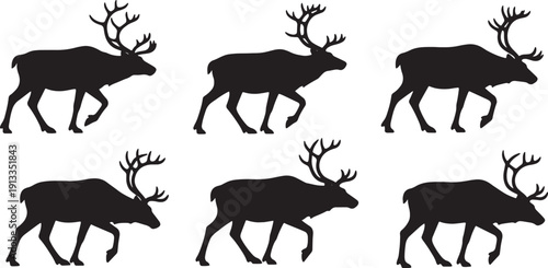 Black Solid Reindeer Slow Deliberate Steps Silhouettes Set of Six on White Background