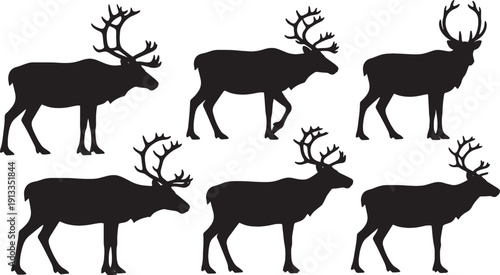 Black Solid Reindeer Side Profile Silhouettes Set of Six on White Background