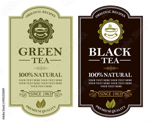 collection of green and black tea labels with leaves and cup