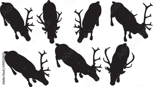 Black Solid Reindeer from Slightly Downward View Silhouettes Set of Six on White Background