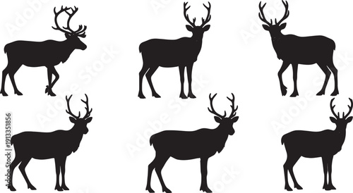 Black Solid Reindeer Standing Alert Silhouettes Set of Six on White Background