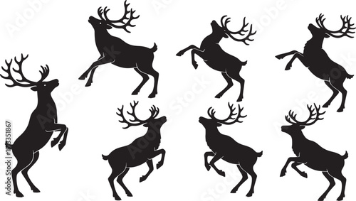 Black Solid Reindeer Standing on Two Legs Silhouettes Set of Six on White Background