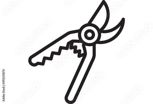 Garden pruning shears icon in bold black outline, simple secateurs tool symbol for gardening, landscaping, cutting plants, vector style illustration featuring clippers, scissors, line art with