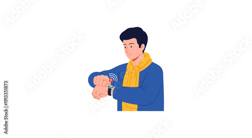 Man checking smartwatch with blue jacket and yellow scarf
