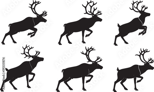 Black Solid Reindeer Strong and Powerful Silhouettes Set of Six on White Background