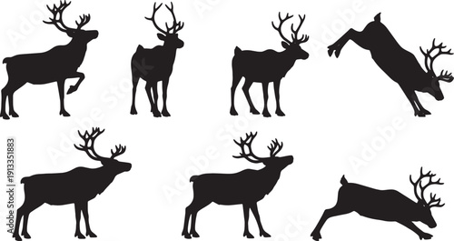 Black Solid Reindeer Stretching and Limbering Silhouettes Set of Six on White Background