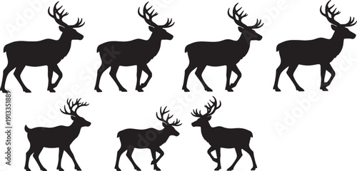 Картината върху платно Black Solid Reindeer Tranquil Walking Silhouettes Set of Six on White Background