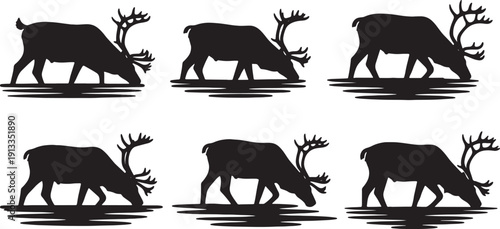 Black Solid Reindeer Wading in Water Silhouettes Set of Six on White Background