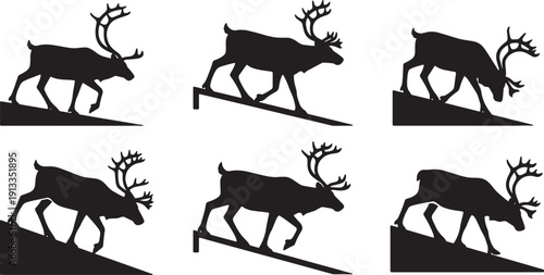 Black Solid Reindeer Walking Downhill Silhouettes Set of Six on White Background