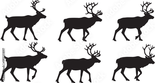 Black Solid Reindeer Walking and Trotting Silhouettes Set of Six on White Background