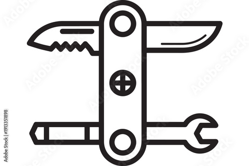 Multitool pocket knife icon in black outline style showing knife blade, screwdriver and wrench, minimal vector symbol for repair, maintenance, DIY and camping