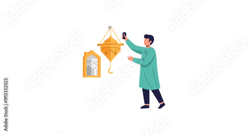Man in green coat hanging golden lanterns on white background, serene ambiance