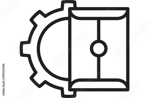 Gear and soccer field icon in bold black outline, minimal sports engineering symbol for strategy, automation, maintenance, app UI, and web interface design