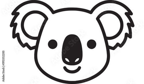 Koala face icon in black and white outline, cute animal head logo illustration isolated on white background, simple minimal vector style for app UI and stickers