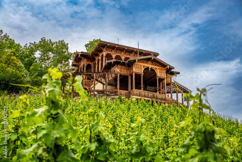 Prague, Czech republic - June 6, 2025. Wooden gazebo Grebovka above wine yard