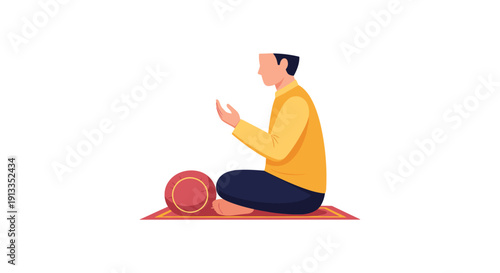 Man Meditating on Red Mat with Prayer Ball in Yellow Sweater